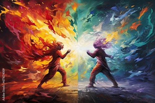 Two girls fighting in front of colorful background, mental struggle, mental health concept, Self-violence and abuse concept. Person with inner conflict and mental health problems. photo