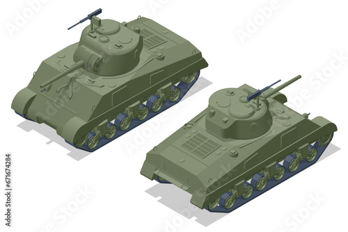 Isometric USA Medium Tank M4 Sherman. Armoured fighting vehicle designed for front-line combat, with heavy firepower