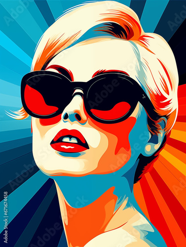 Pop art retro style fashion illustration of young woman in sunglasses