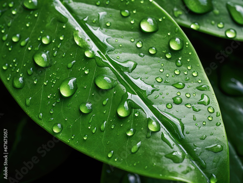Detailed shot of water droplets on a green leaf after rain.