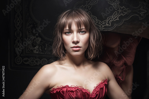 Portrait of an adult woman in a red corset in a chair against the background of a carpet on the wall