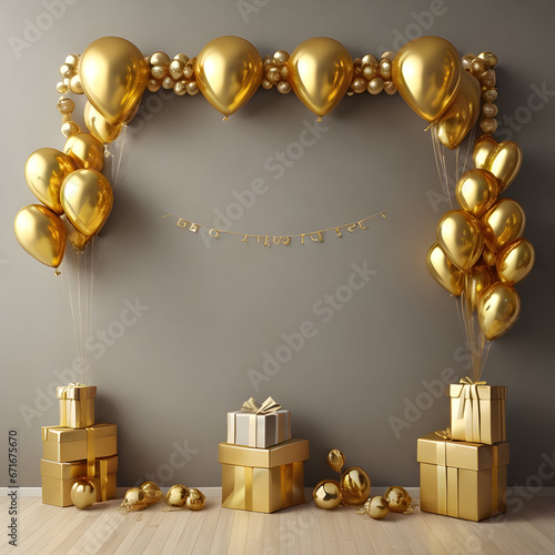 Background happy birthday with glod ballons and gift generate AI