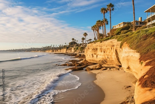 Tropical palm trees line the coastal shores of La Jolla in San Diego, California. Generative AI photo