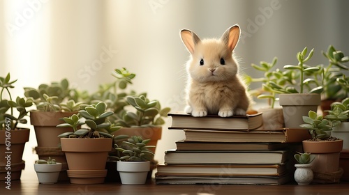 minimal lovely bunny holding book and white background. Happy back to school creative concept.