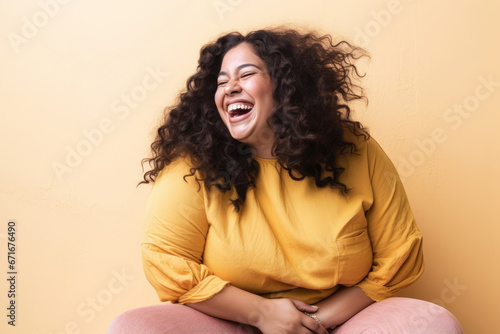 Generative ai portrait of beautiful mixed race woman plus size laughing positive having fun