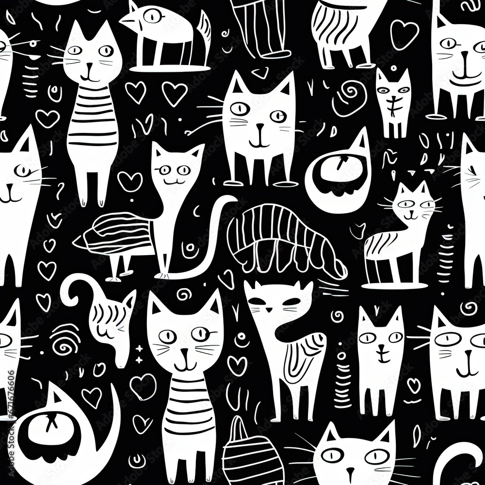seamless pattern with drawing of cat family  