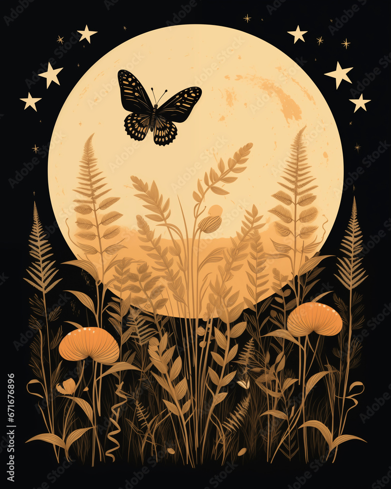 Crédence de cuisine avec Moon butterfly with flowers, herbs, stars. Butterfly and moon on black background. Boho art print. Alchemy mystical spiritual magic poster. Retro style. Design for card, sticker, tattoo, magic craft #671676896