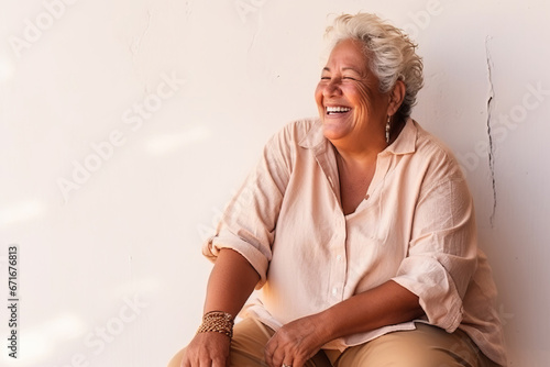Generative ai portrait of senior mixed race woman laughing positive having fun