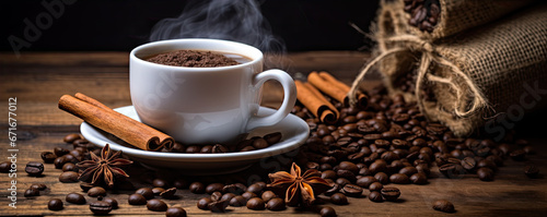Coffee cup with beans on old wooden table. wide banner,