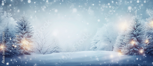 Christmas winter blurred background. Xmas tree with snow © Tony A