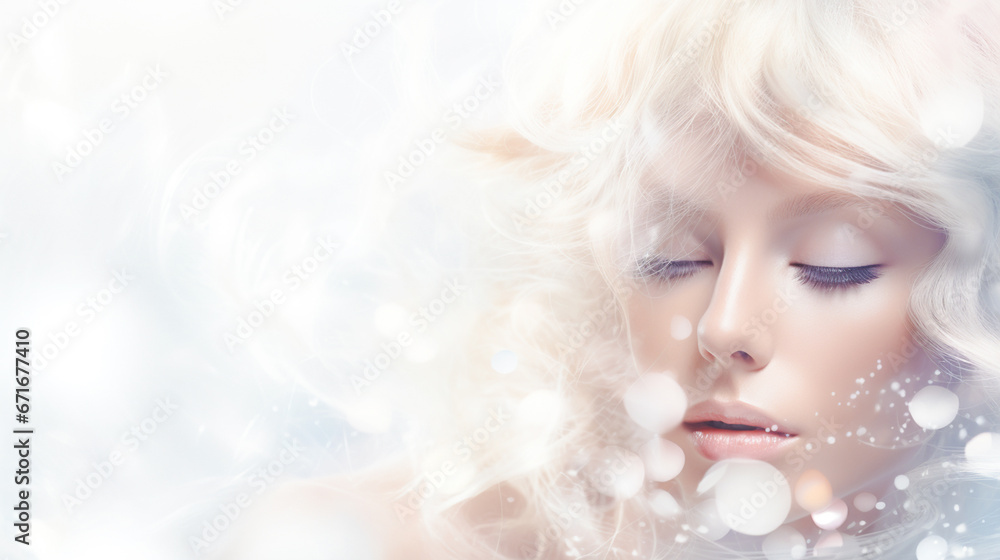 Beautiful young woman with a fair face and smooth skin. Blur background bokeh bubbles. For decorate web pages, assemble products, cosmetics, and skin care creams. Beautiful young woman with a fair face and smooth skin. Blur background bokeh bubbles. For decorate web pages, assemble products, cosmetics, and skin care creams.