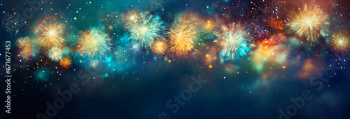 Celebration of fireworks, Pyrotechnics and fireworks with holiday celebration. For Merry christmas card and Happy new year poster or web design and web background. Generative ai photo