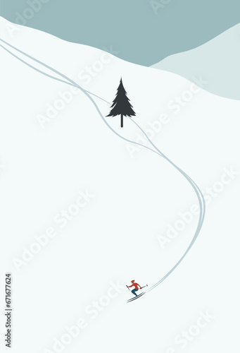 Vector illustration: Winter mountains landscape with pines, hills and spruce. Skier