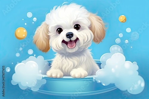 Cartoon-style illustration of a smiling wet puppy maltypoo taking a bath with soap bubbles