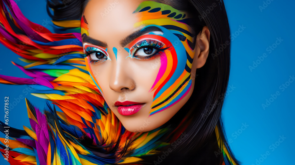 Fototapeta premium Close up Porträt einer Frau mit buntem Make up. Generiert mit KI