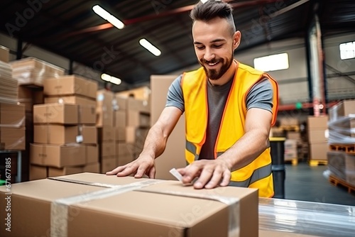Young handsome man sealing a cardboard box for shipping in a warehouse setting photo