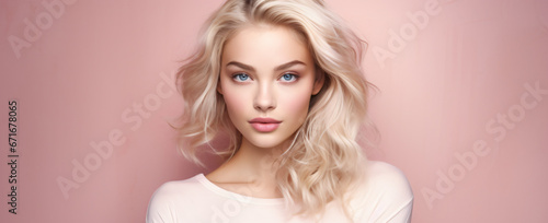 portrait of a young blonde woman on a pastel pink background, skincare, health products, make-up, hairstyling, fashion