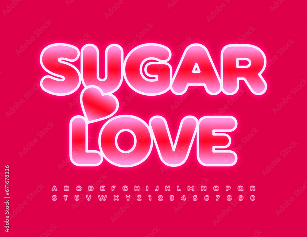 Vector romantic Card Sugar Love with decorative Heart. Glowing Pink Font. Trendy Alphabet Letters and Numbers Vector romantic Card Sugar Love with decorative Heart. Glowing Pink Font. Trendy Alphabet Letters and Numbers