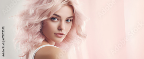 portrait of a young blonde woman on a pastel pink background, skincare, health products, make-up, hairstyling, fashion