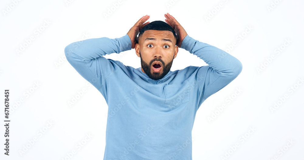 Naklejka premium Shock, emoji and portrait of man in a studio with wow, omg or wtf facial expression for news. Amazing, surprise and face of young ale person from Colombia with crazy face isolated by white background