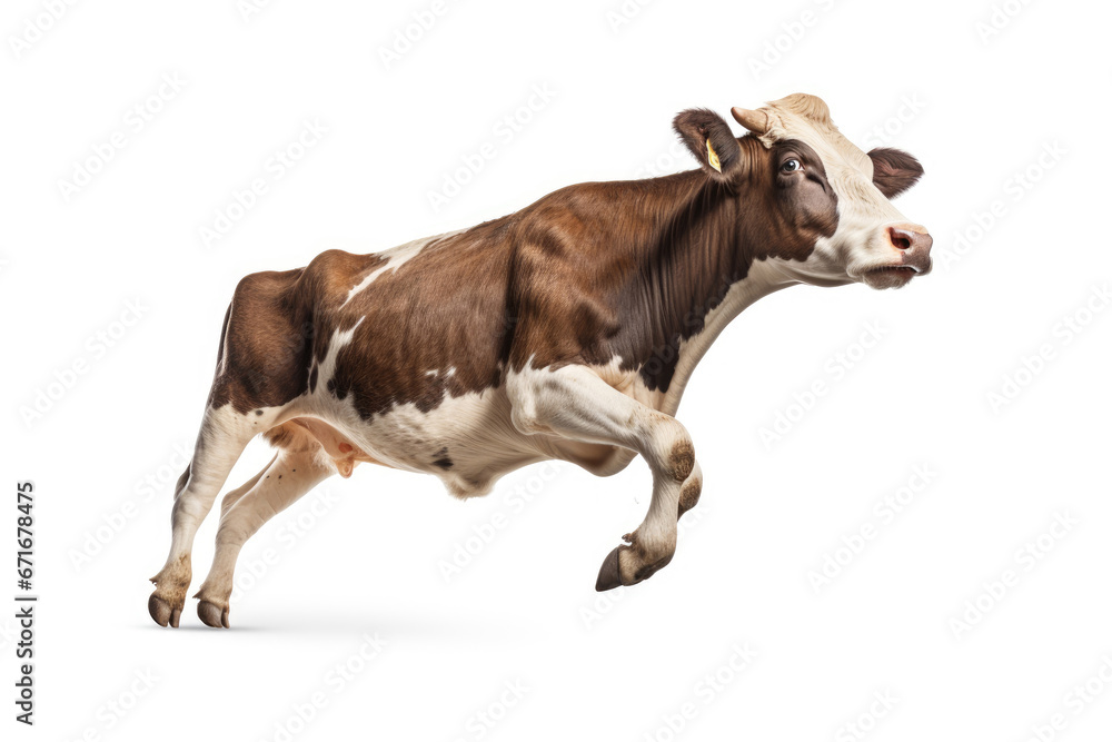 Fast running cow isolated on white