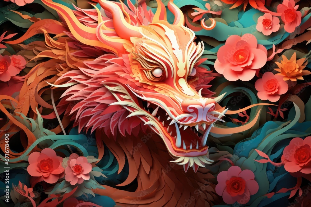 Golden and red Chinese Dragon on green background with flowers. The year of the Dragon in China and Eastern Asia. One of the Chinese zodiac signs. New Year of the Dragon 2024