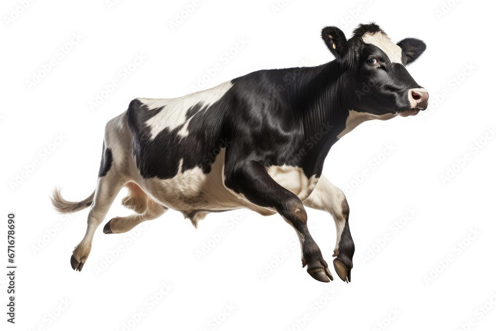 Fast running cow isolated on white