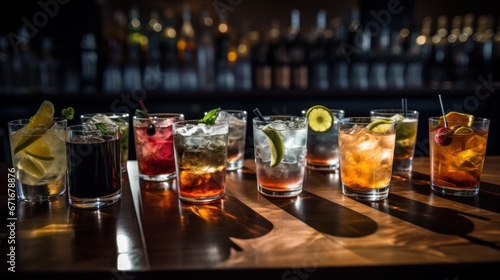 Set of various drinks in bar counter, drinks against black background.