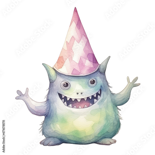 Watercolor Birthday Monster. Cute Monster in Birthday Theme.