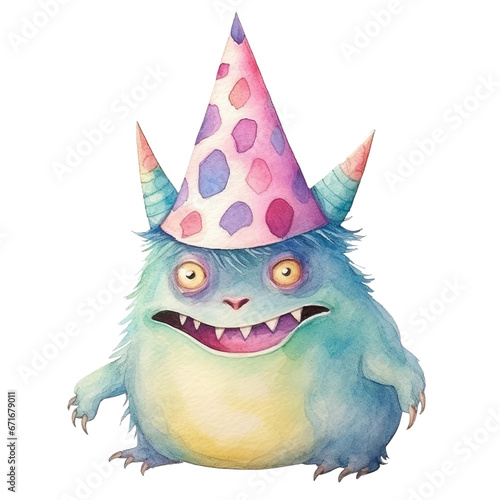 Watercolor Birthday Monster. Cute Monster in Birthday Theme.