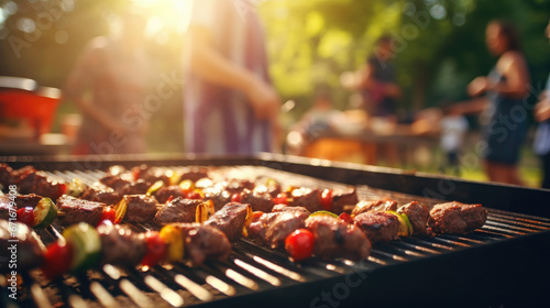 Detailed close-up of a grill during a summer BBQ food party with a blurred background of people having fun.