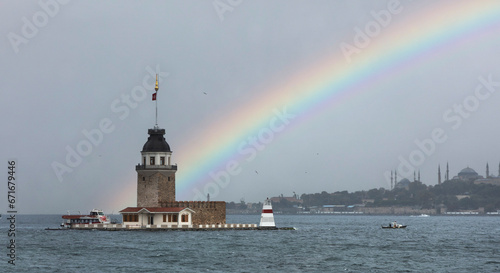 Maiden's Tower in Istanbul against the backdrop of a rainbow.