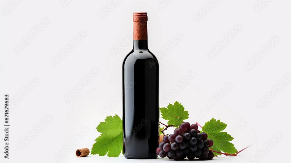 bottle of wine ripe grapes and wine bottles corks