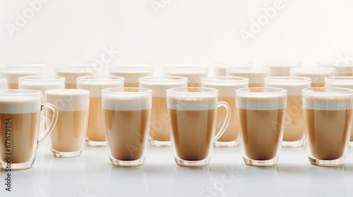 Different various types of coffee in the glass arranged in row on the white marble table in cafe. Image for cafe menu, banner, advertise. Latte, Macchiato, Cappuccino, Mocha