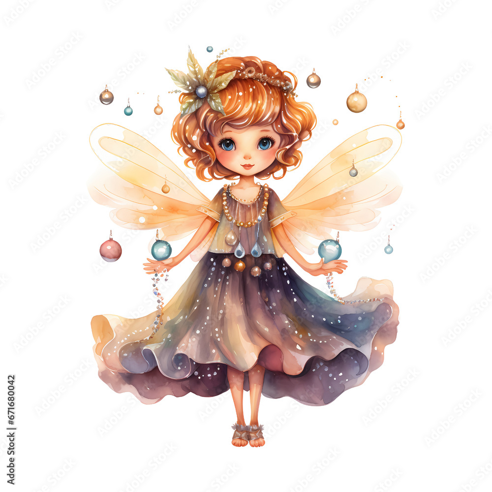 Fototapeta premium Christmas fairy watercolor clipart, Christmas decoration for children
