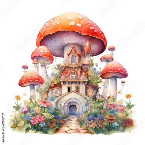 mushroom house, Christmas mushroom house, watercolor fantasy clipart, carton illustration