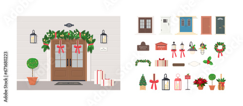 Set of elements for decorating double front door. Exterior concept for house. Cartoon flat style. Vector illustration © TanyaBegun