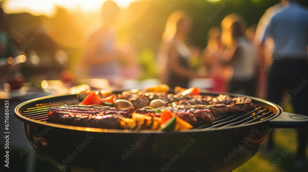 Close-up of a grill on a sunny summer day, with a blurry background of people enjoying a BBQ food party. - obrazy, fototapety, plakaty 