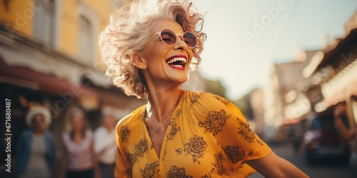 Happy gray-haired woman dancing on the street. Generative AI