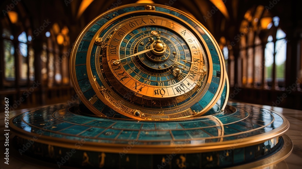 A gold and blue clock sitting on top of a table. AI image. Imaginary astrological clock.