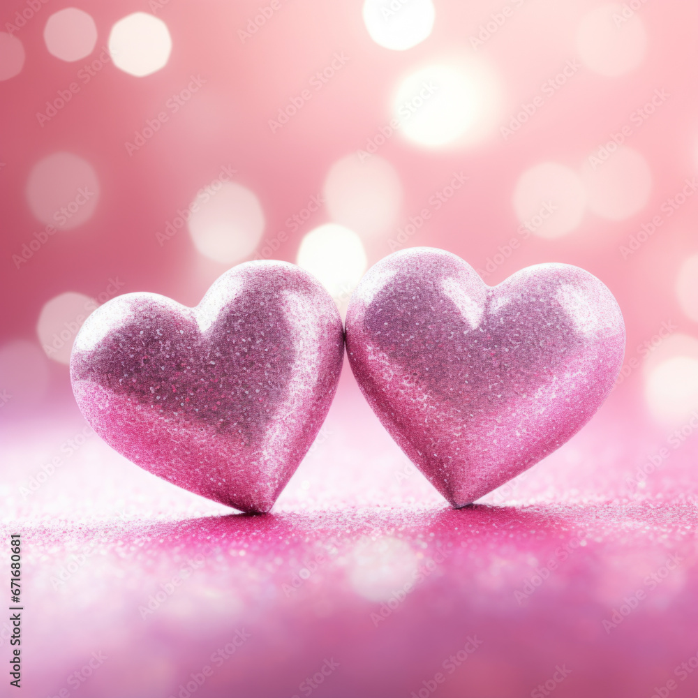 Two Hearts On Pink Glitter In Shiny Background Two Hearts On Pink Glitter In Shiny Background