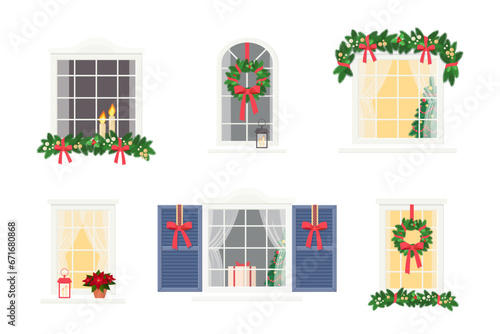 Set of cute windows with Christmas decorations isolated on white background. Exterior concept for house. Cartoon flat style. Vector illustration