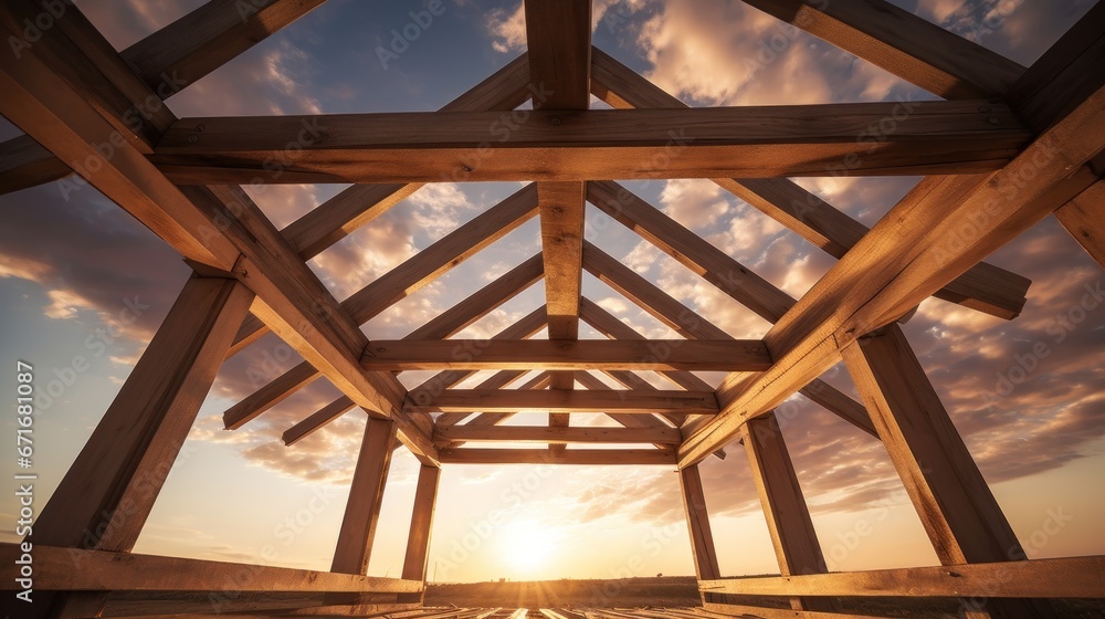 Obraz premium Wooden roof structure under construction with sunset background, construction site