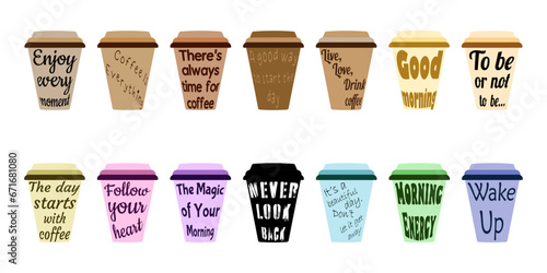 Quote lettering on coffee paper cup shape set