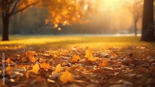 Beautiful autumn landscape with yellow leaves and sun