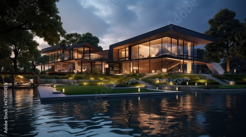 3d rendering of modern house by the river at evening, house, luxury, villa, modern, architecture, building, exterior, residential, property, designer © pinkrabbit