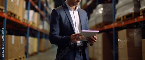 man business owner using checklist recheck amount of stock product inventory on shelf at distribution warehouse factory.logistic business ship and delivery, inventory flow, professional