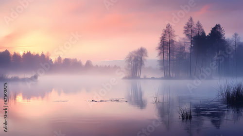 A calm and peaceful lakeside at dawn, the still water reflecting the pastel hues of the sky, surrounded by a gentle mist © Manuel