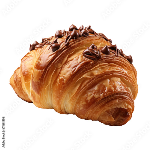 a croissant drizzled with chocolate syrup, isolated