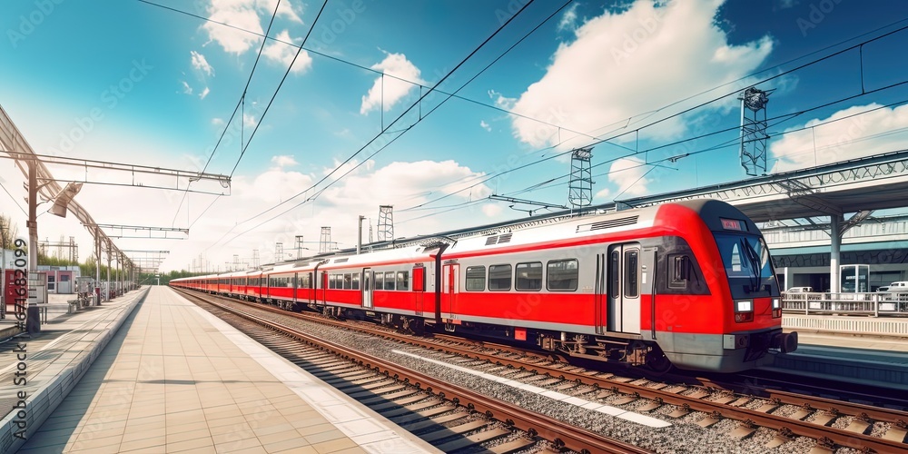 Fototapeta premium railway station with modern high speed red commuter train